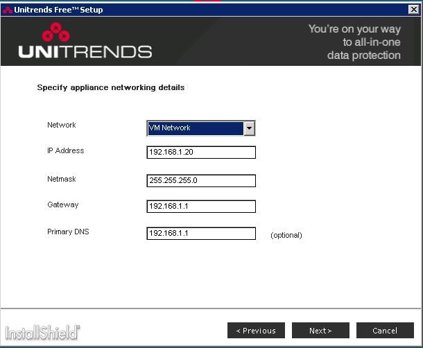 unitrends free edition applaince network config
